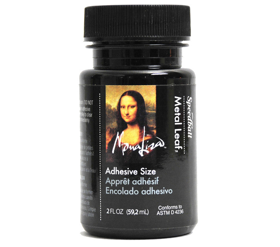 Bottle of Mona Lisa adhesive size with a black lid on a white background