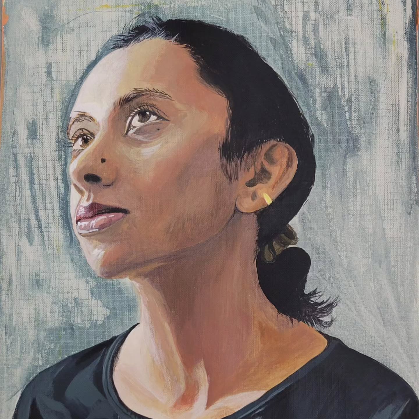 Painting of a person with dark hair and a black top against a textured gray background