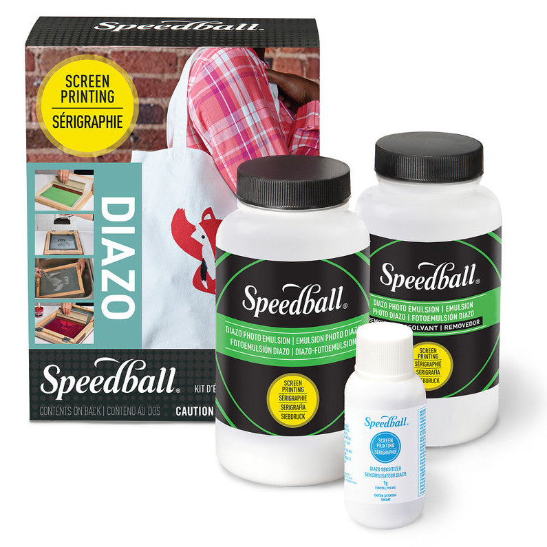 Speedball screen printing supplies including bottles and a box on a white background