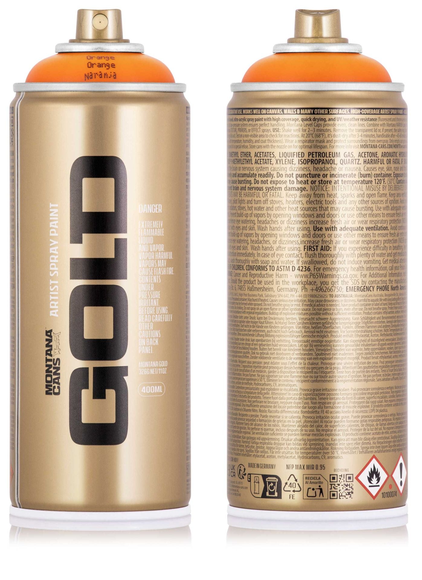 Two Montana Gold spray paint cans on a white background